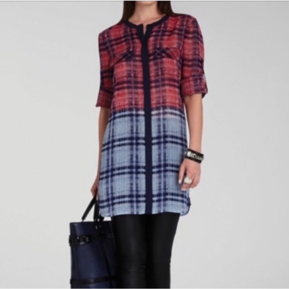 BCBG Maxazria Silk Mixed Plaid Print Tunic Size Small